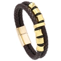 Bracelet pour homme en cuir tressé marron double couche avec accents dorés et fermoir aimanté - Cuir Brun + Accessoires Dorés