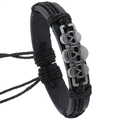 Pulsera de cuero hecha a mano para hombre con tres calaveras de plata vintage y cuerda tejida - Negro
