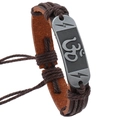 Vintage gevlochten donkerbruine leren armband met zilveren metalen plaat en Om-symbool - Bruin