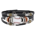 Meerlagige zwarte leren armband met honkbalbedeltje en handige drukknoopsluiting - Honkbal