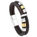 Bracelet pour homme en cuir tressé marron à double rang avec perles et fermoir magnétique - Cuir Marron & Accessoires de Couleurs Mixtes