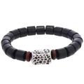 Handmade vintage wooden bead bracelet with silver square charm and red spacer beads - Black