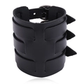 Bracciale punk in pelle nera a doppio strato con tre file di fibbie in metallo argento - Nero