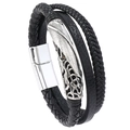 Mehrlagiges schwarzes Lederarmband für Herren mit silbernem Federanhänger und Magnetverschluss - Schwarz