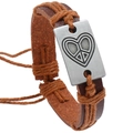 Pulsera de cuero marrón hecha a mano con placa de metal corazón paz y cuerda trenzada - Hilo Marrón Claro