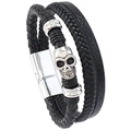 Bracciale punk multistrato in pelle intrecciata da uomo con teschio e chiusura magnetica - Nero