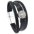 Men's braided leather bracelet featuring a silver Tree of Life charm and magnetic clasp - Black