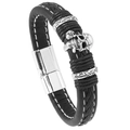 Pulsera de hombre en cuero trenzado negro con dije de calavera de plata y cierre magnético - Negro