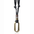Adjustable retro cowhide leather sweater necklace with bronze oval double rings and metal accents - Black