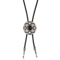 Verstellbare Bolo-Krawatte aus schwarzem Leder mit floraler Silberschnalle und Stein - Synthetischer Schwarzer Türkis