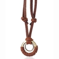Collar de cuero con doble anillo retro, acabado dorado vintage y cordón bohemio - café