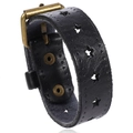 Bracelet en cuir noir avec découpes d'étoiles et boucle en bronze vintage vue à 45 degrés - Noir