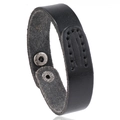Men's vintage black wide leather bracelet with handmade stitching and silver snaps - Black