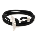 Black multi-layer woven bracelet featuring a silver metal whale tail charm and clasp - Black and Silver Whale Tail