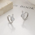 Cute 925 sterling silver bunny hoop earrings featuring heart-shaped white cat eye stones - 925 Silver / White Gold