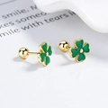 Boucles d'oreilles trèfle en argent 925 avec émail vert et fermoir à vis - Argent 925 / Or/Vert