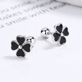 Boucles d'oreilles trèfle en argent 925 avec émail noir et fermoir à vis - Argent 925 / Platine/Noir