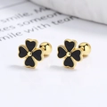 Boucles d'oreilles trèfle en argent 925 doré avec émail noir et fermoir à vis - Argent 925 / Or/Noir