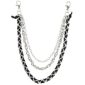 Punk style multilayer silver metal wallet chain with black braided leather detail - Black