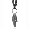 Collar de cuero ajustable con triple colgante de plumas de aleación en estilo vintage - Negro