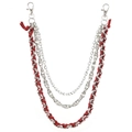 Multi-layer silver metal pants chain with red braided leather and lobster clasps - Burgundy
