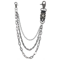 Three-layer silver star punk metal wallet chain for jeans with skull and lobster clasps - Black Leather