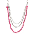 Multilayered silver metal pants chain with woven bright pink leather cord detail - Rose Red