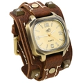 Punk style wide leather watch band with vintage studs and white stitching detail - Brown