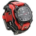 Orologio al quarzo da uomo punk rock con cinturino largo in pelle multistrato nero e rosso - Pelle Nera E Rossa