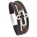 Men's retro multi-layer woven leather bracelet with hollow cross and magnetic buckle - Dark Brown