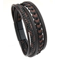 Men's retro multilayer braided leather bracelet with black magnetic metal clasp - Dark Brown