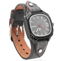 Reloj de cuarzo cuadrado retro con correa de cuero gris ancha y remaches metálicos - Negro Retro