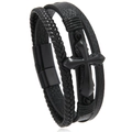 Multilayer braided black leather bracelet for men featuring a cross charm and magnetic clasp - Black