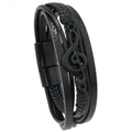 Mehrlagiges schwarzes geflochtenes Lederarmband für Herren mit Violinschlüssel-Anhänger - Schwarz