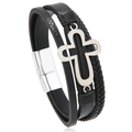 Multi-layer braided leather bracelet for men featuring a silver hollow cross and magnetic clasp - Black