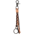 Handmade woven cowhide leather keychain in dark brown and yellow with fringe - Brown+Natural