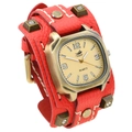 Punk vintage style wide red leather watch band with rivets and stitching details - Red