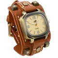 Punk vintage brown leather cuff watch with square bronze case and metal rivets - Tan