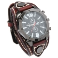 Reloj punk retro para hombre con correa ancha de cuero marrón y esfera negra - Marrón Oscuro
