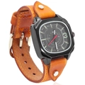 Reloj retro cuadrado con caja negra, correa de cuero marrón ancha y remaches plateados - Marrón Claro Retro