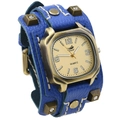 Punk style retro dark blue leather watch with square rivets and white hand stitching - Blue