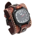 Reloj de cuarzo retro con correa ancha de cuero marrón y detalles de costura a mano - Marrón Retro