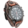 Reloj vintage para hombre con correa ancha de cuero marrón y costuras blancas - Marrón Retro