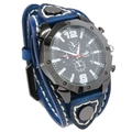 Retro quartz watch with black multifunction dial and blue leather cuff strap - Blue