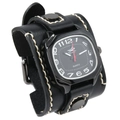 Reloj retro de cuero negro para hombre con brazalete ancho estilo punk y costuras - Negro