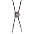 Vintage western bolo tie met een ster gegraveerde zilveren gesp en zwart gevlochten touw - Antiek Zilver