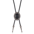 Vintage western bolo tie with black oval gemstone and adjustable braided PU leather cord - Antique Silver