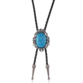Bohemian silver bolo tie featuring a blue turquoise stone on black woven leather cord - Antique Silver