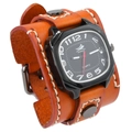 Reloj de pulsera vintage de cuero marrón con esfera negra y costuras en contraste - Tostado