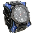 Schwarze und blaue mehrlagige Leder-Punk-Uhr mit auffälligen weißen Nähten und großem Zifferblatt - Schwarzes Leder + Blaues Leder